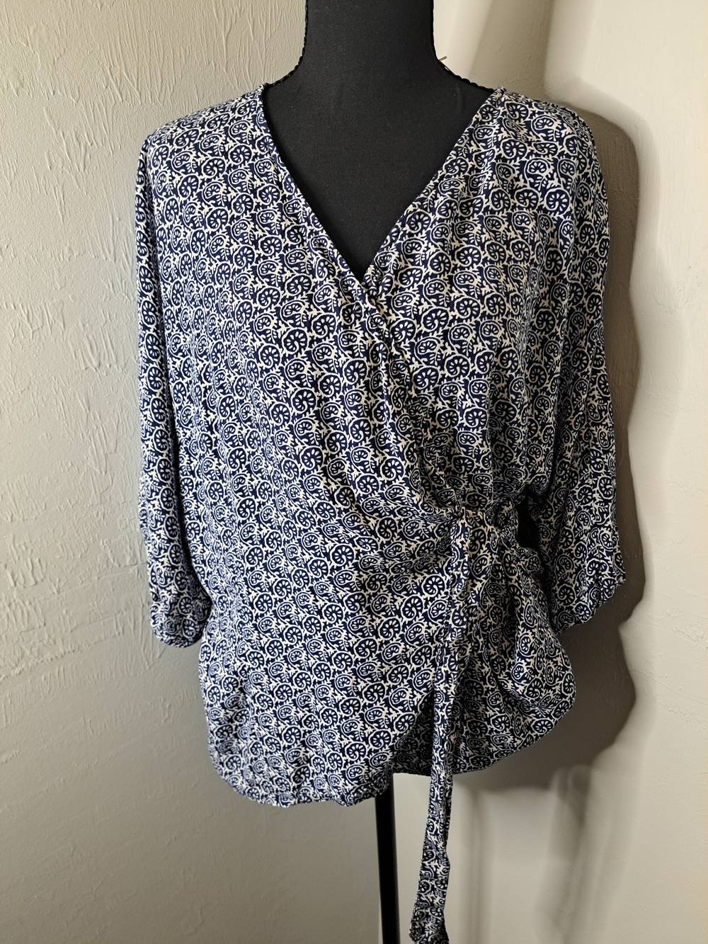 Talbots Navy and White Geometric Wrap Blouse